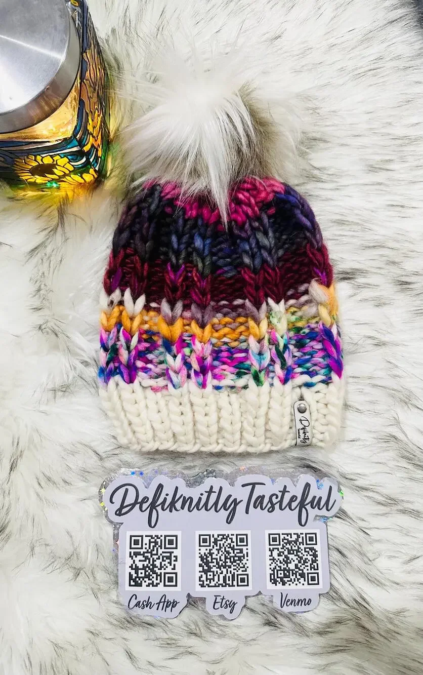 Handmade Neon Merino Wool Beanie: Colorful Winter Hat with Faux Fur Pom